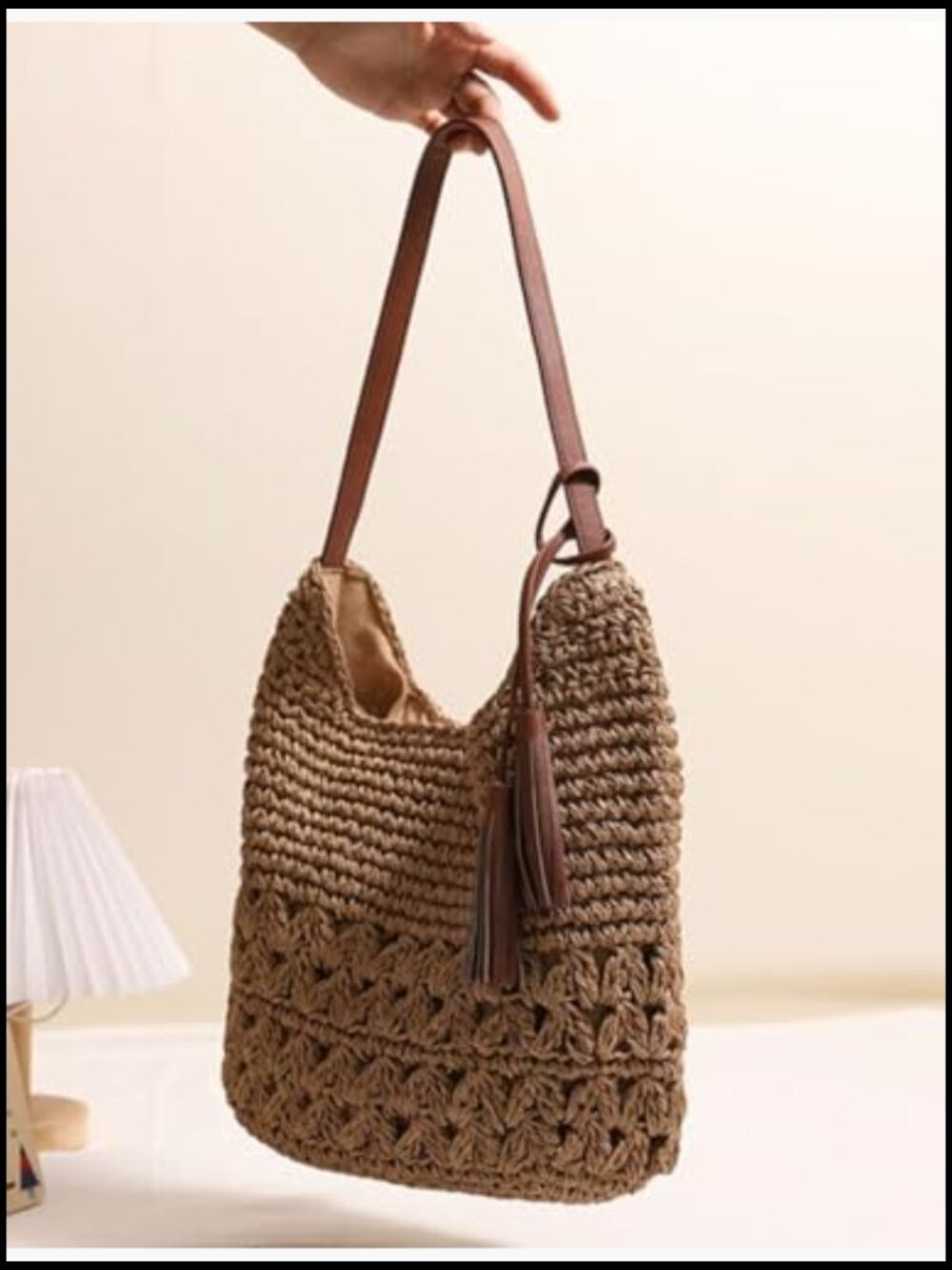 Straw Woven Tote Bag Boho Handmade Crochet Hobo Shoulder Purse Summer Beach - Picture 5 of 7